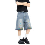 Floral Embroidery Washed Denim Shorts
