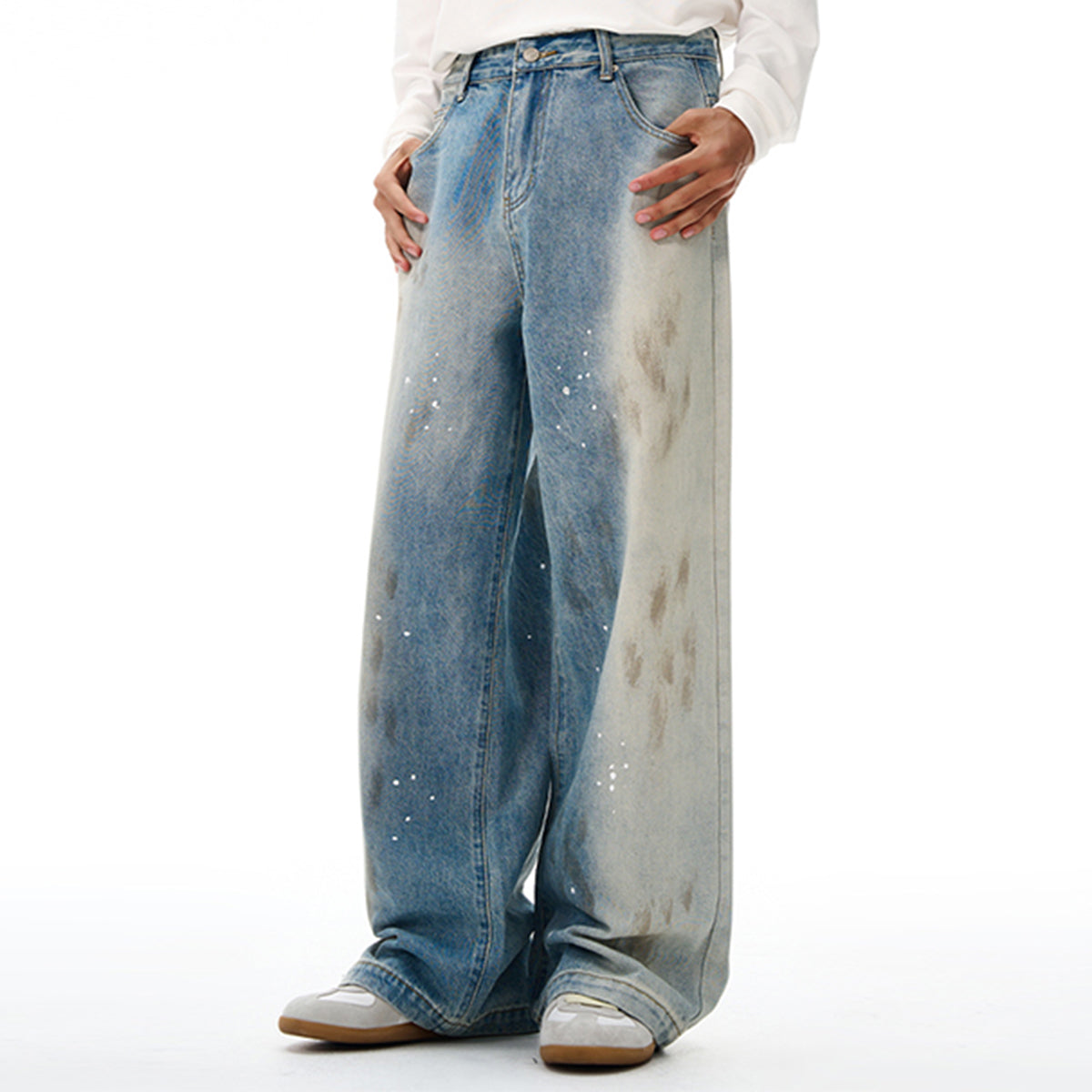 Paint Splatter Distressed Wide Leg Light Blue Jeans
