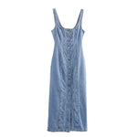Button-Front Washed Strappy Denim Maxi Dress