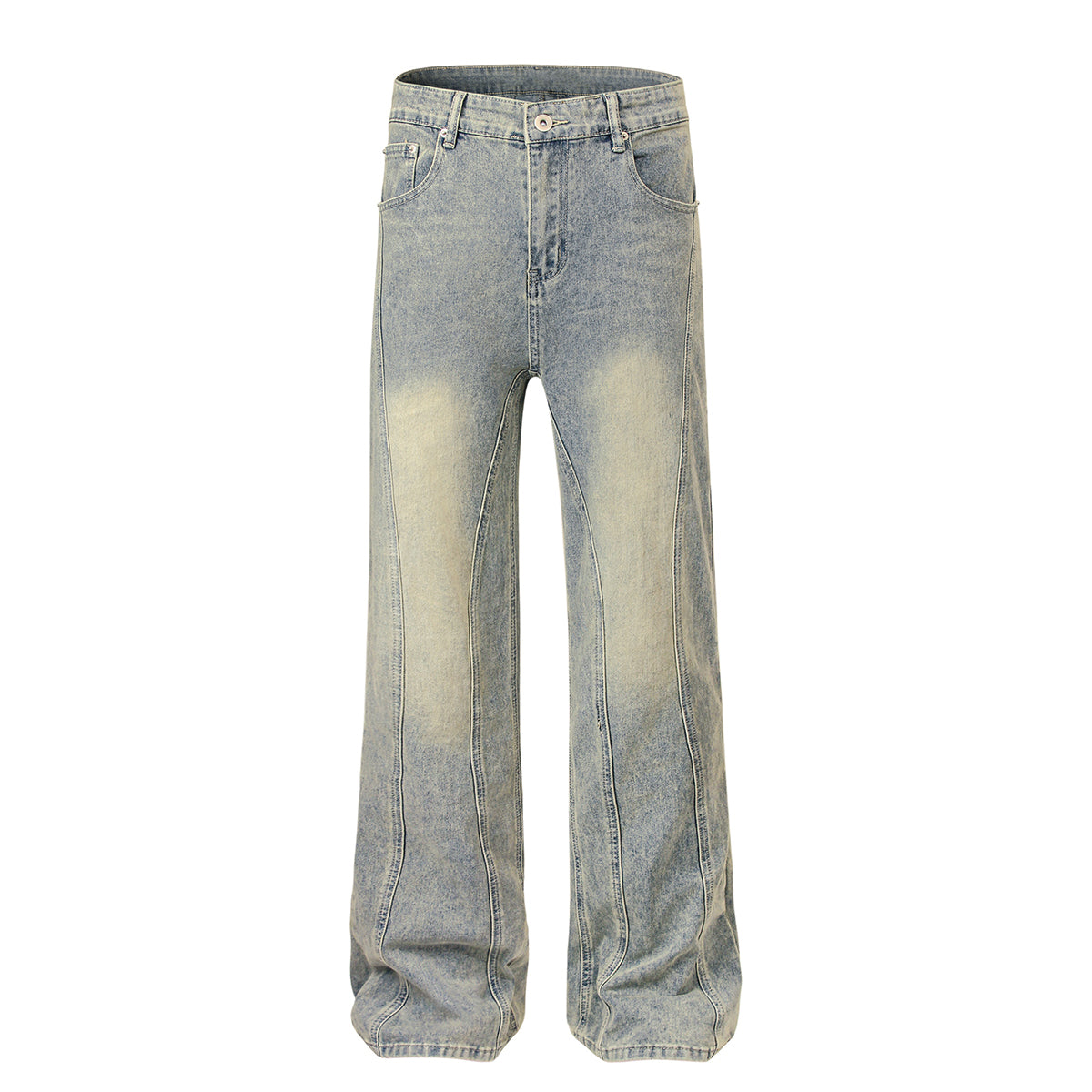 Muddy-Wash Faded Panel-Stitch Jeans
