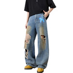Distressed Barrel Leg Denim Jeans with Heavy Rip Details