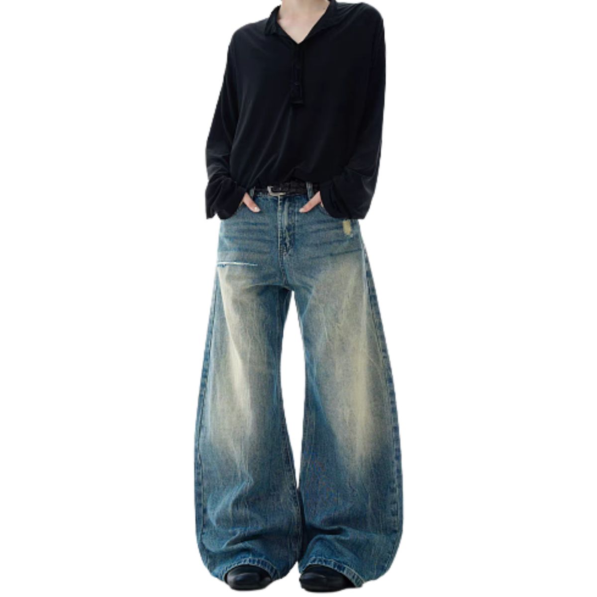Bleached Fade Curved Leg Baggy Denim Jeans