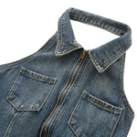 Halter Neck Belted Ripped Denim Mini Dress