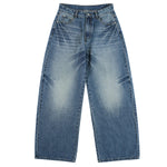 Faded Crackle Wash Baggy Curved Leg Denim Jeans
