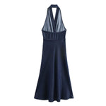 Tie Waist Halter Neck Flared Denim Mididress