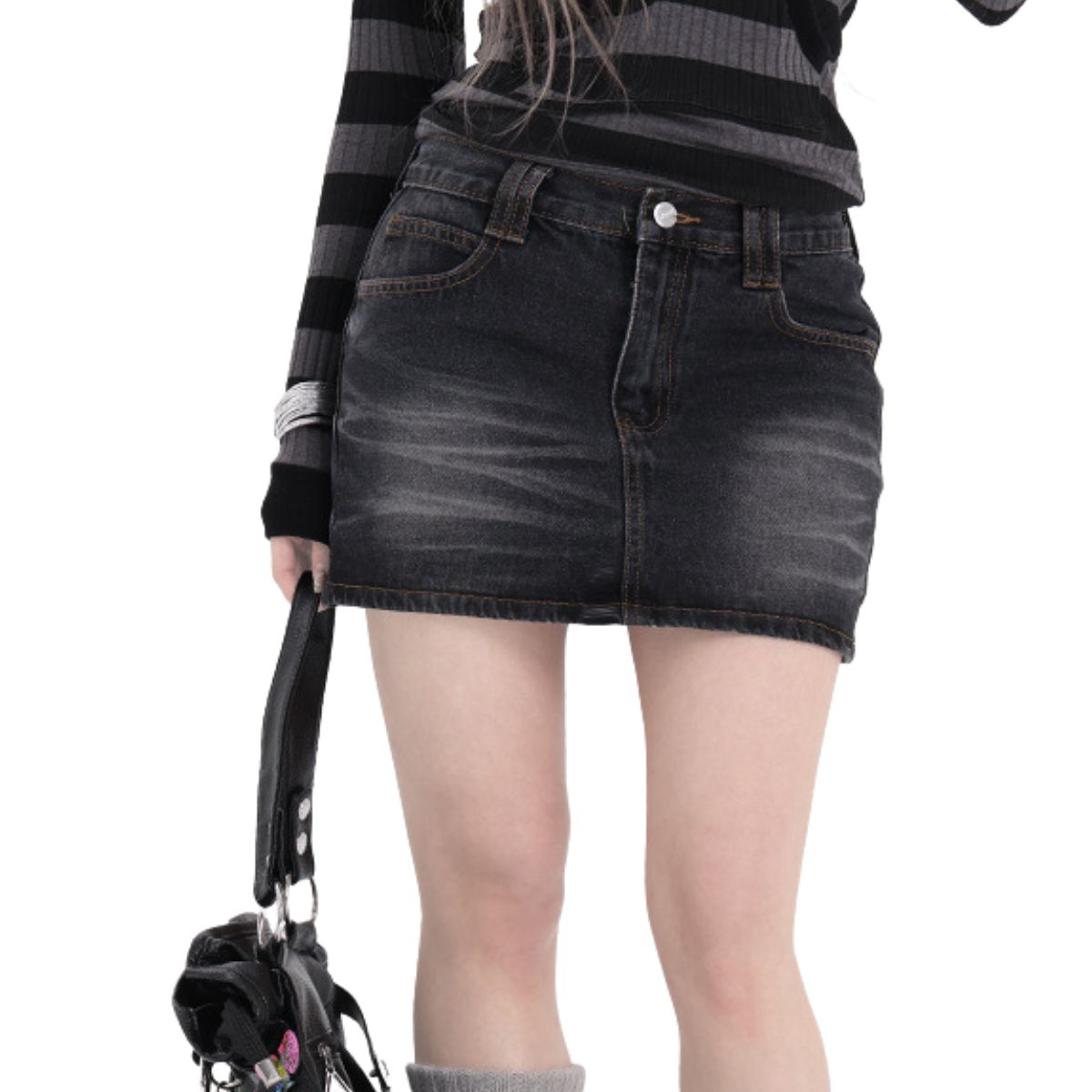 Dark Wash Faded Denim Mini Skirt