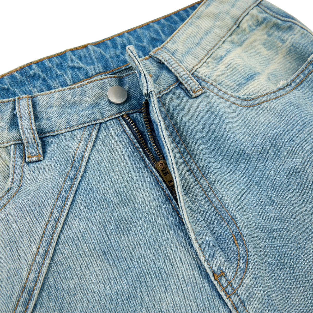 Retro Distressed Washed Baggy Patchwork Zip-Detail Relaxed Straight Fit Denim Jeans