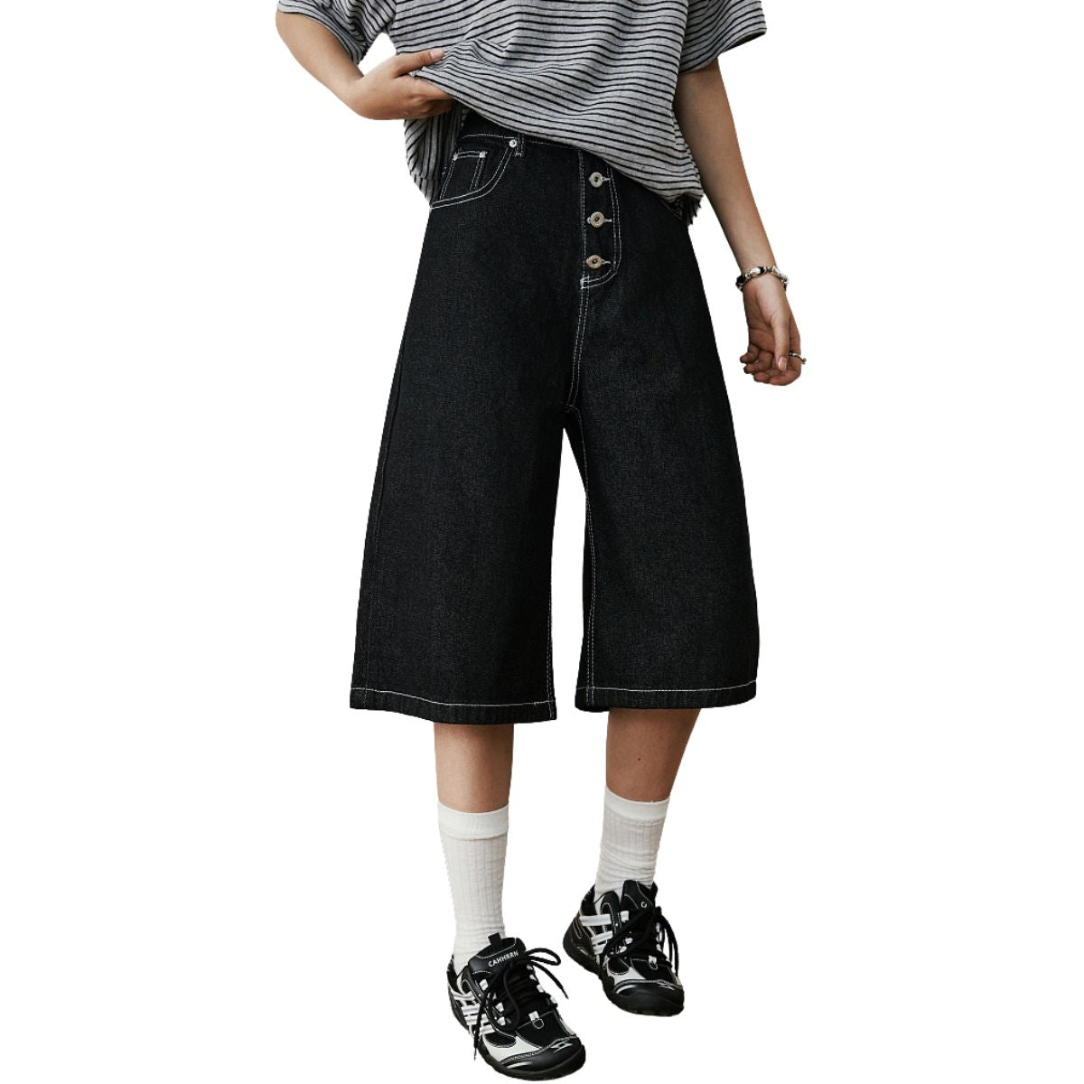 Button Fly Raw Black Denim Shorts