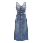 Sleeveless V-Neck Button-Front Denim Midi Dress