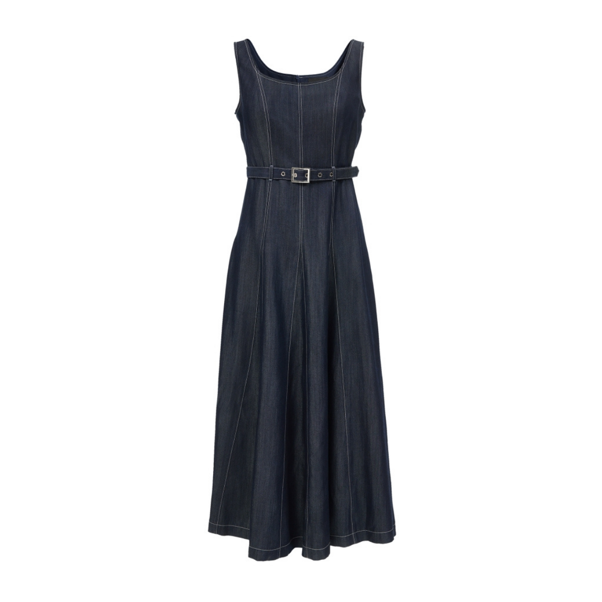 Dark Denim Belted Sleeveless Midi Dress