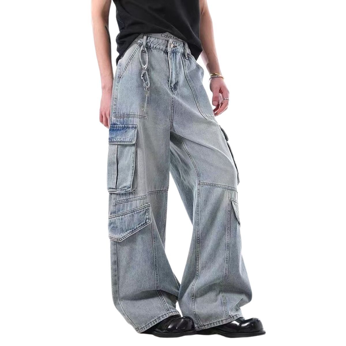 Vintage Wash Multi-Pocket Cargo Straight Leg Denim Jeans