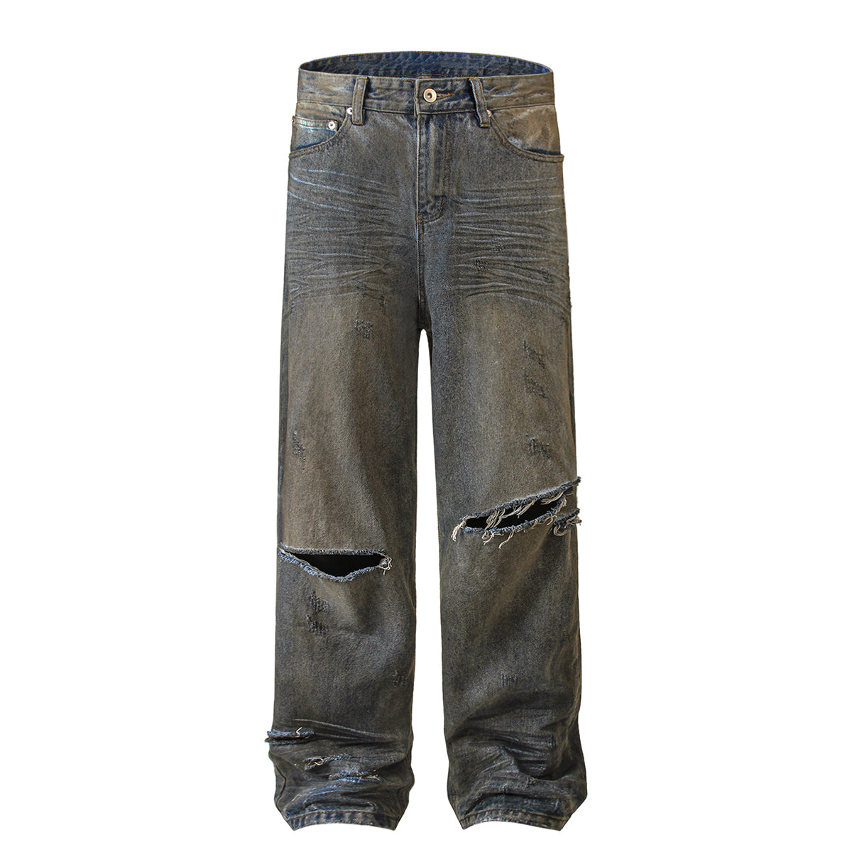 Wrinkle Wash Heavy Ripped Denim Pants