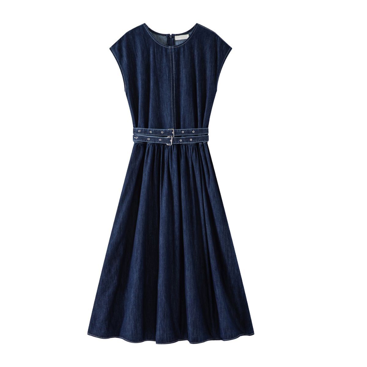 Denim Sleeveless Belted Midi Dress
