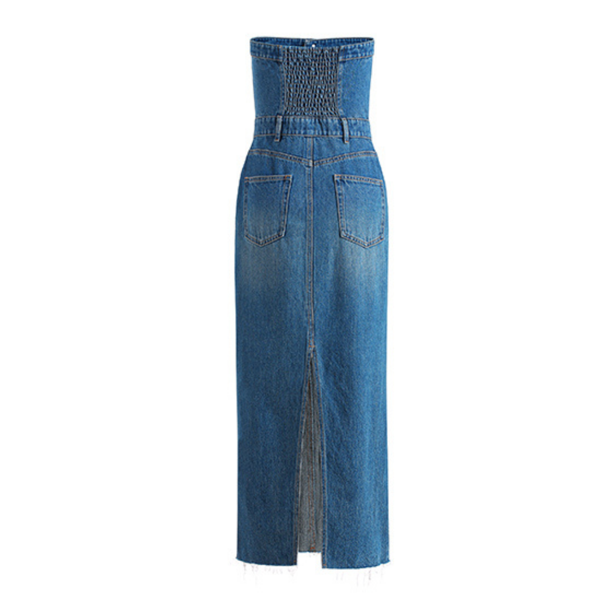 Strapless Washed Denim Maxi Dress
