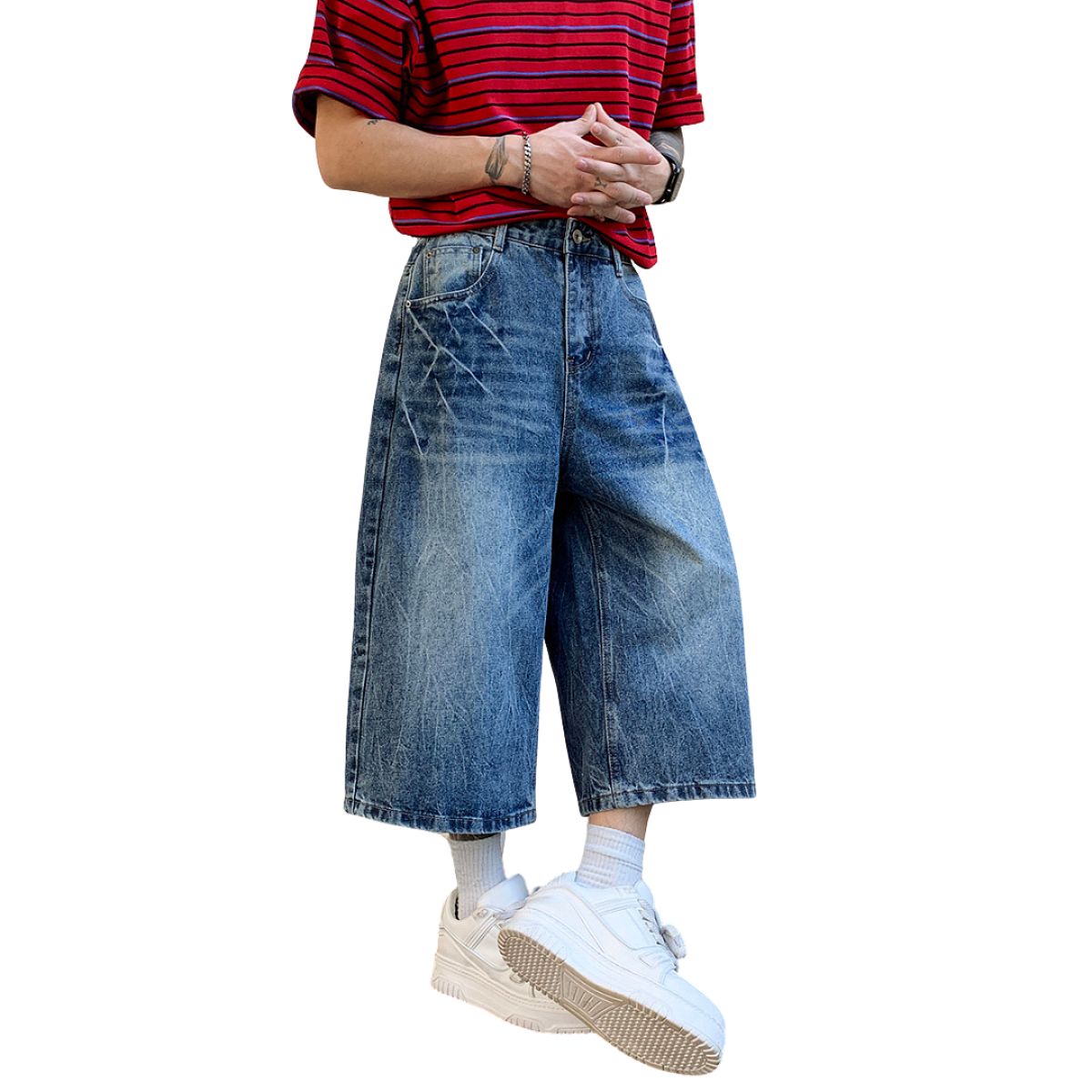 Vintage Scratched Wash Wide Leg Denim Shorts