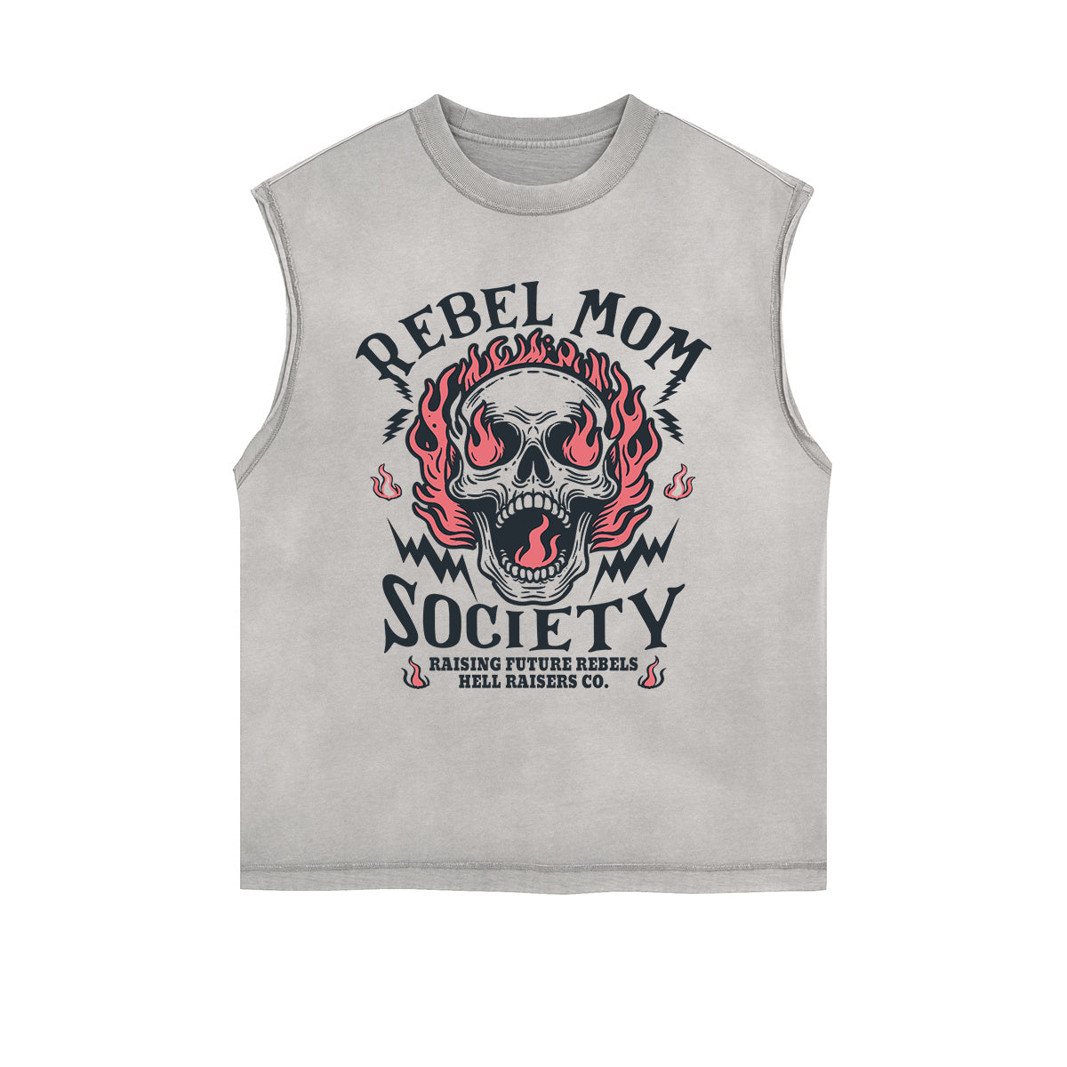 Rebel Mom Society Skull Graphic Sleeveless Faded Tee-INNBLAC Fashion Apparel