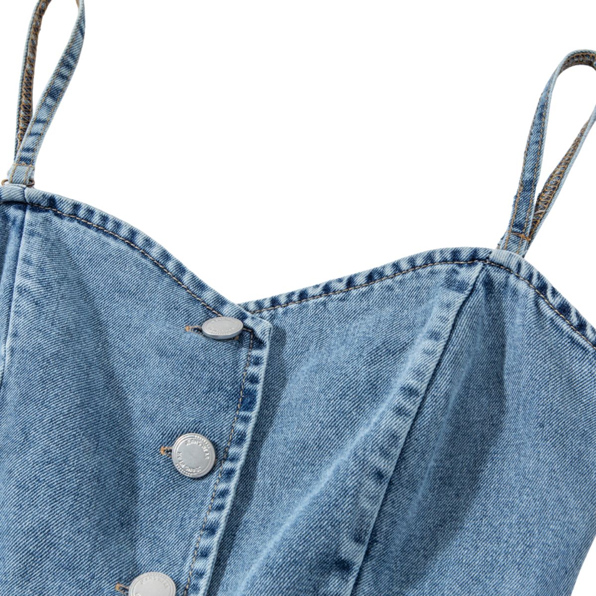 Button-Front Smocked Denim Midi Dress