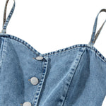 Button-Front Smocked Denim Midi Dress