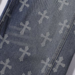 Cross Print Wide Leg Denim Jeans