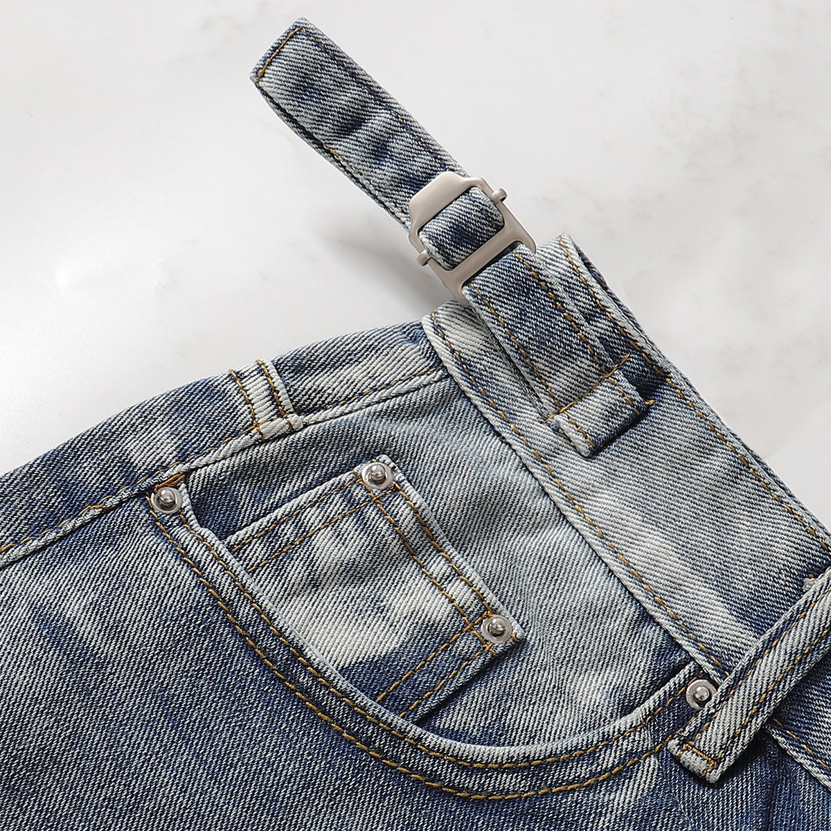 Adjustable Side Strap Distressed High Waist Shorts