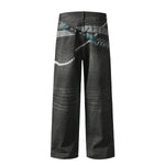 Vintage Washed Black Wide-Leg Printed Jeans