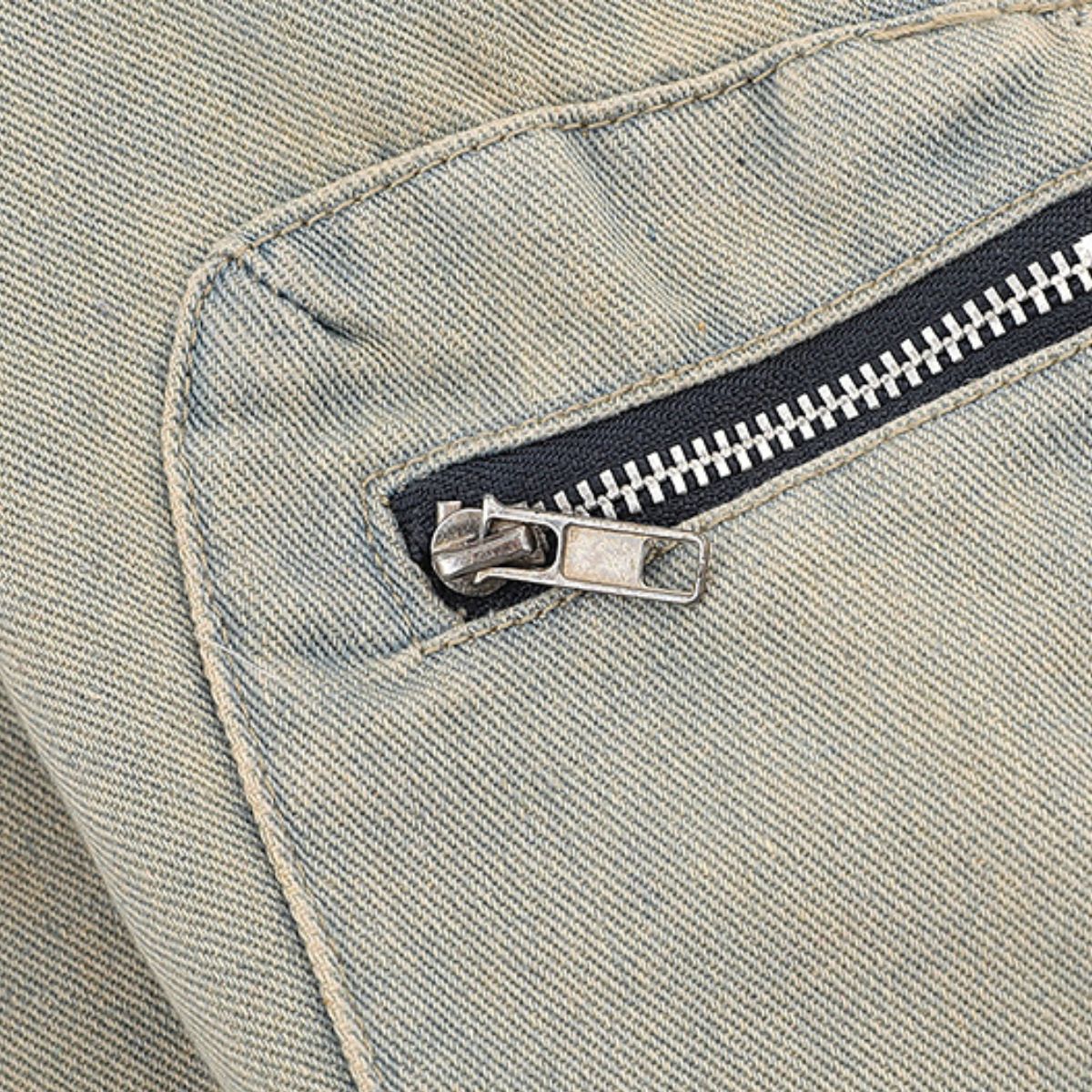 Men's American Retro Loose Zipper Workwear Washed Denim Jacket