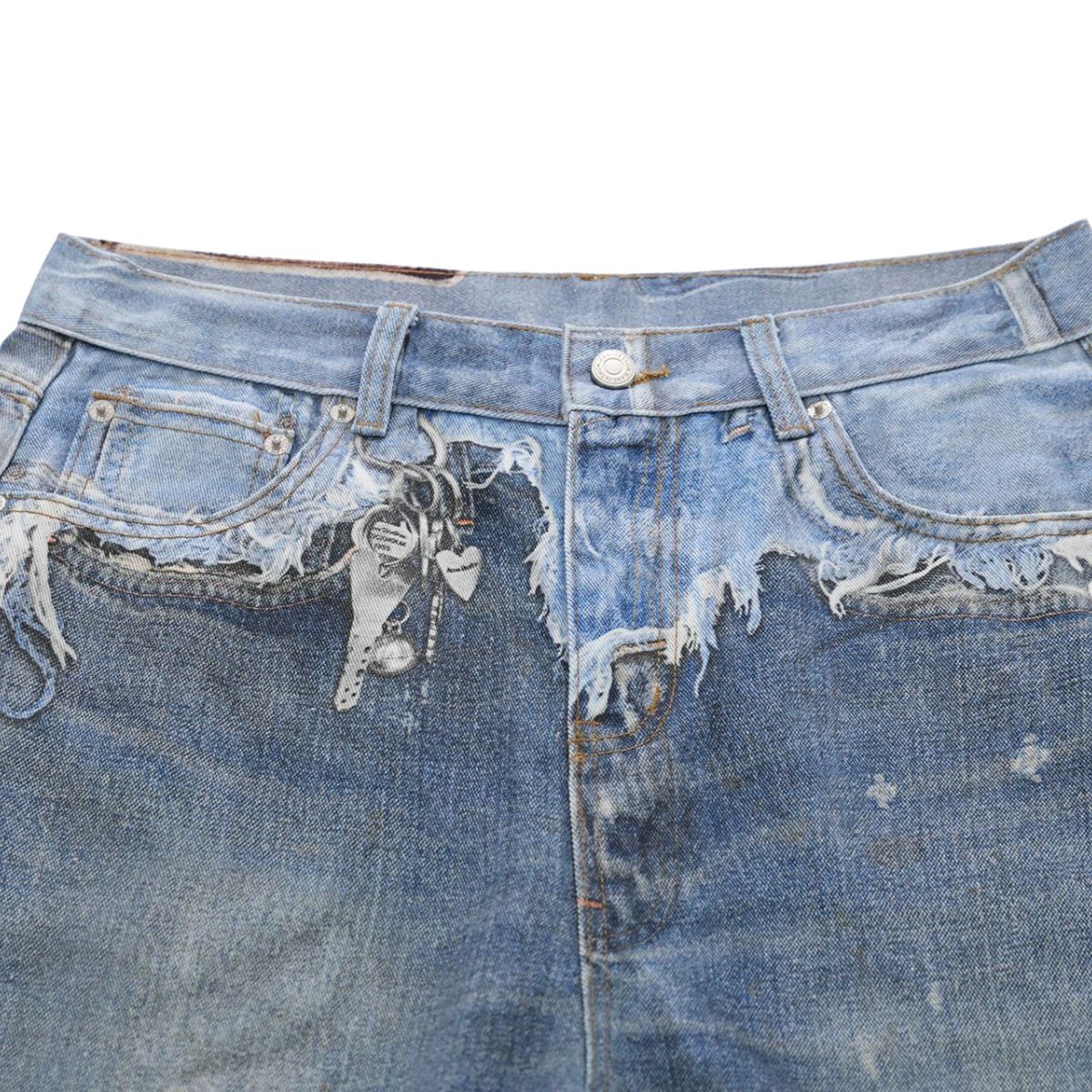 Vintage Washed Distressed Denim Bermuda Shorts with Frayed Panels
