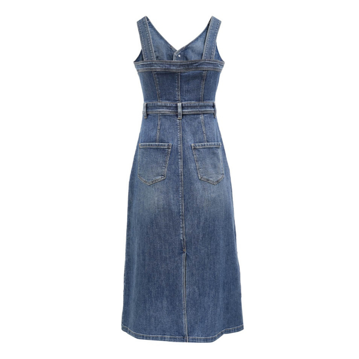 Sleeveless V-Neck Button-Front Denim Midi Dress
