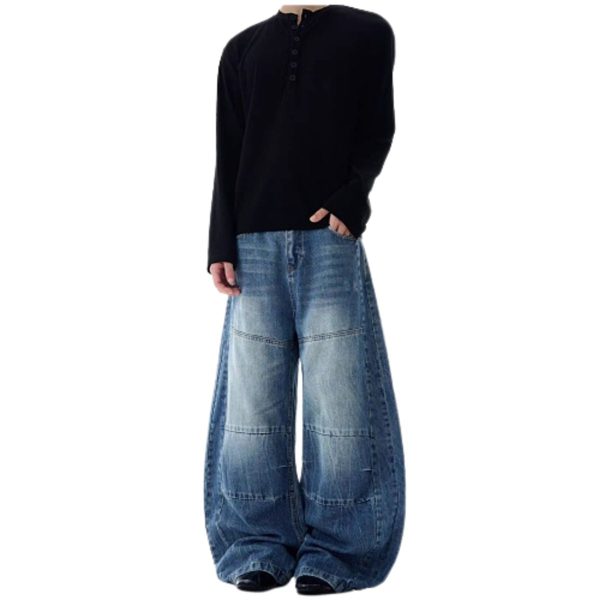 Panel Stitch Barrel Leg Denim Jeans