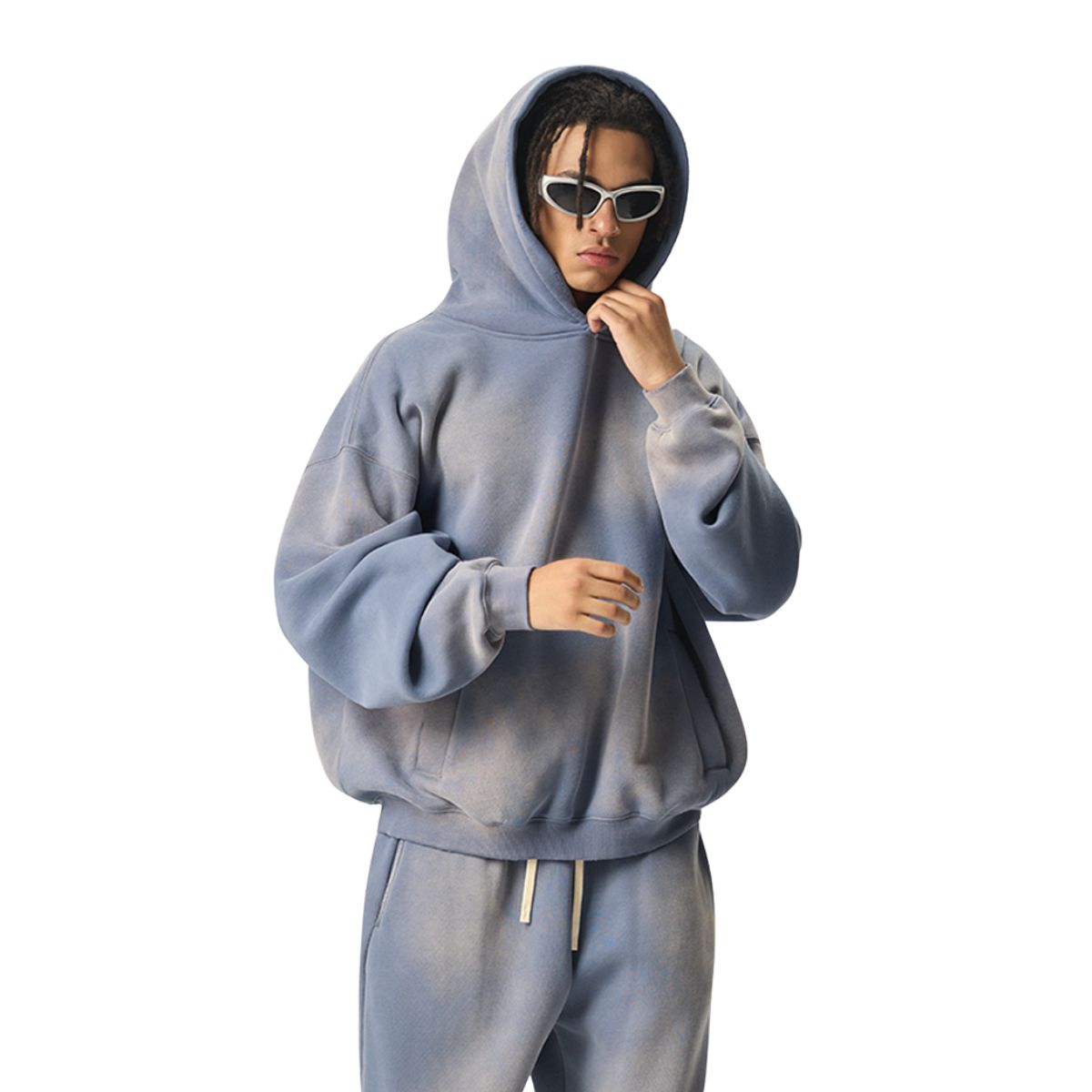 Oversized Spray-Bleach Distressed Fleece Hoodie