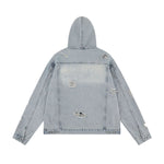 Unisex Retro Distressed Ripped Washed Denim Jacket with Hood