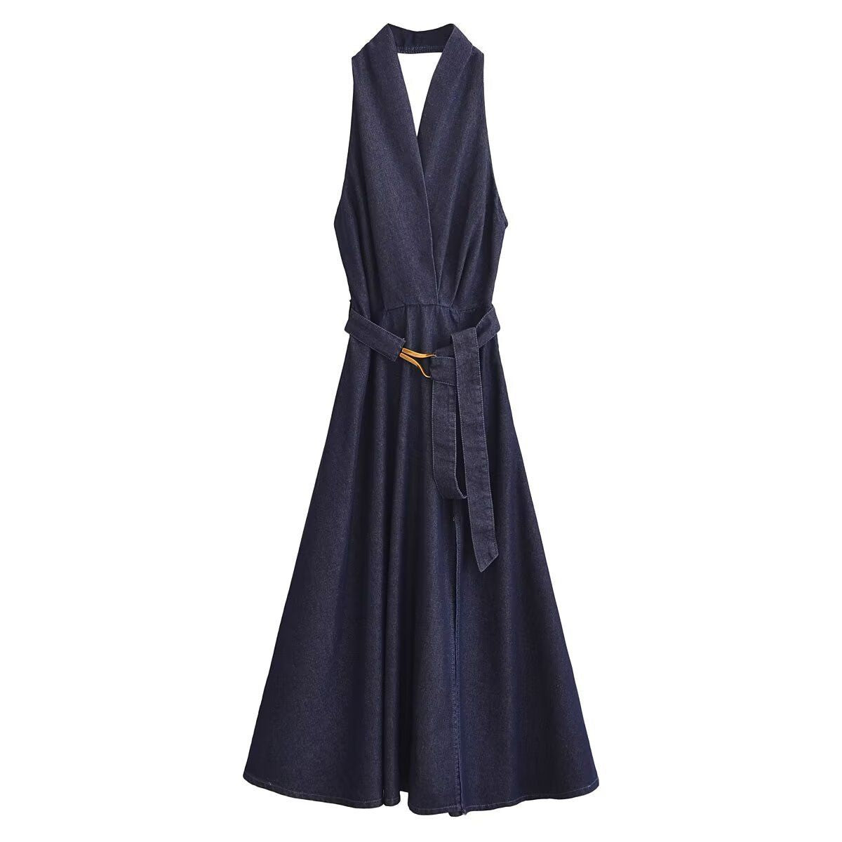 Halter Neck Denim Belted Dress