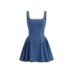 Pleated Fit & Flare Denim Dress