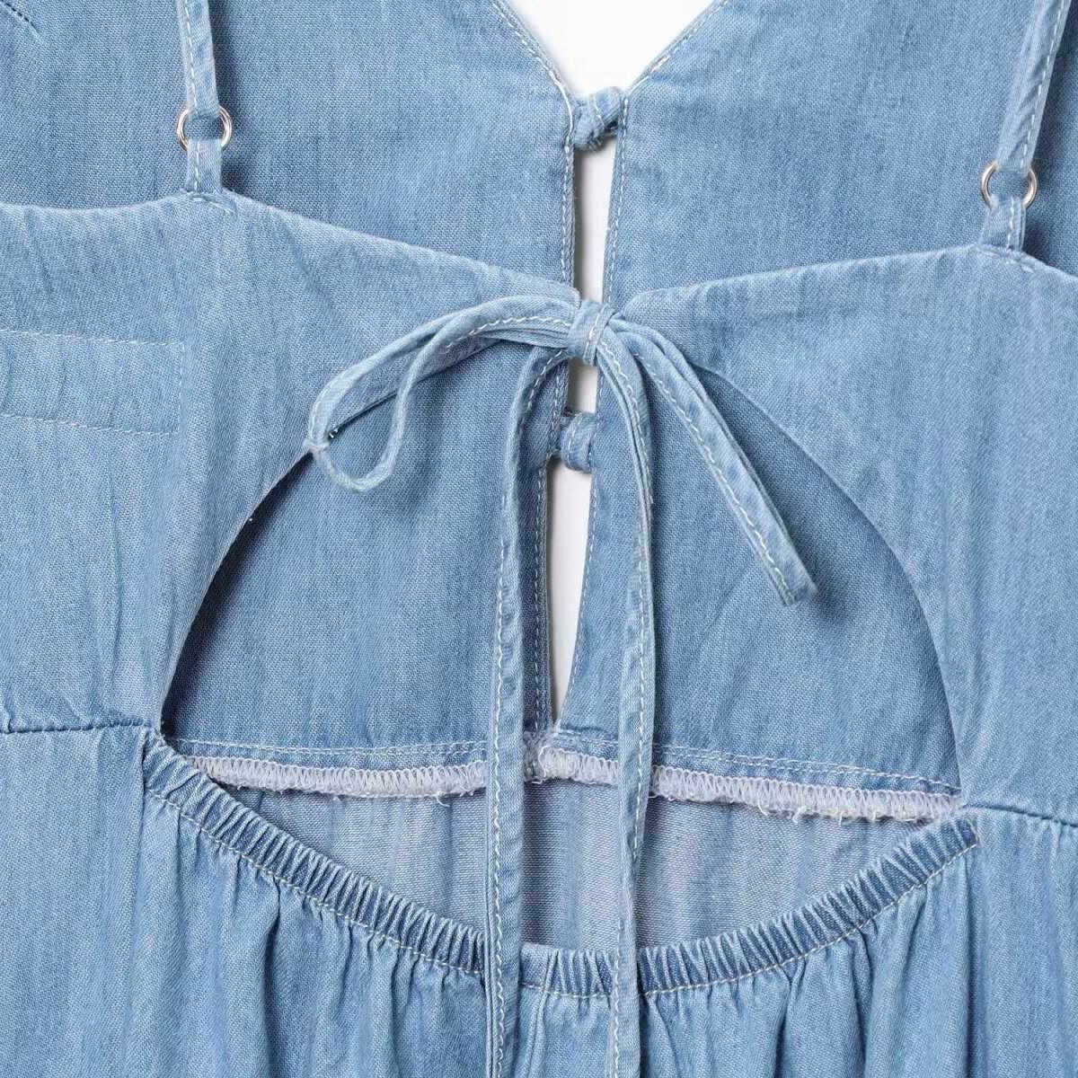 Spaghetti Straps Bow Denim Maxi Dress