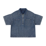 Vintage Washed Denim Zip Polo Shirt