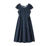 Lace Trim Puff Sleeve Denim Midi Dress