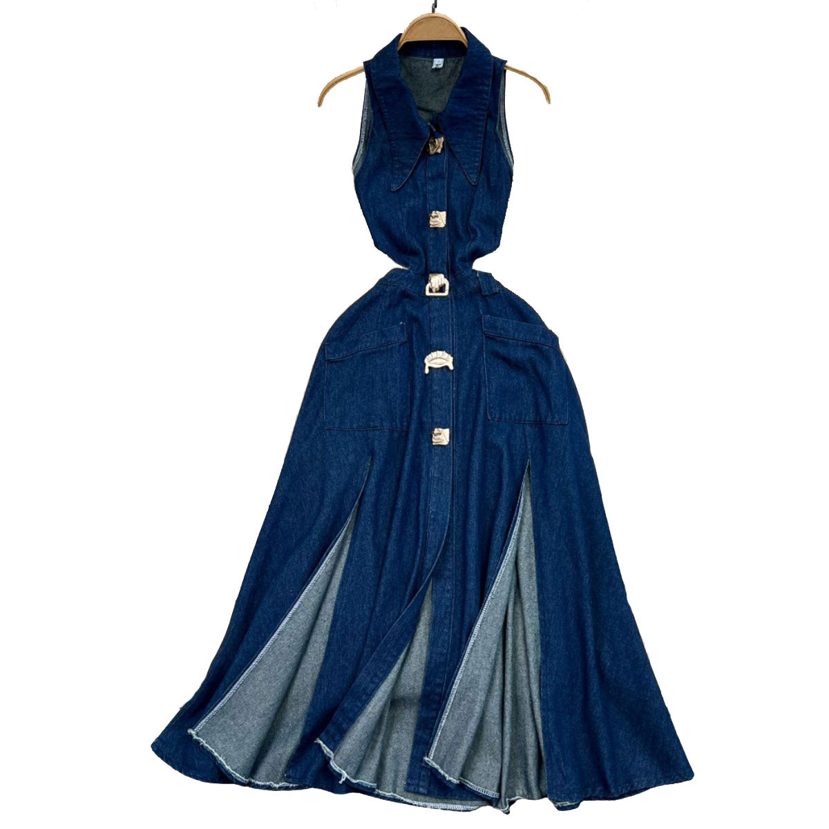 Cut-Out Sleeveless Button-Front Denim Midi Dress