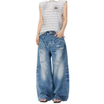Bleached Rip Curved Wide Leg Denim Jeans