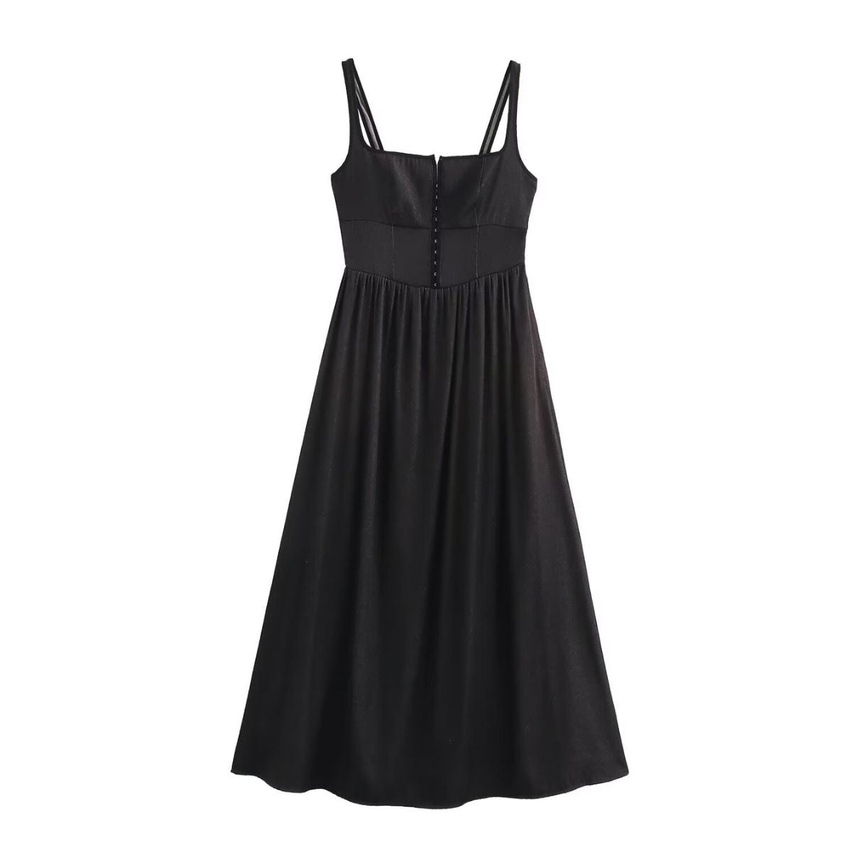 Black Button-Front Strappy Midi Dress