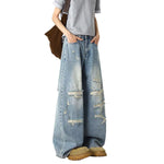 Heavy Distressed Curved Wide Leg Denim Jeans