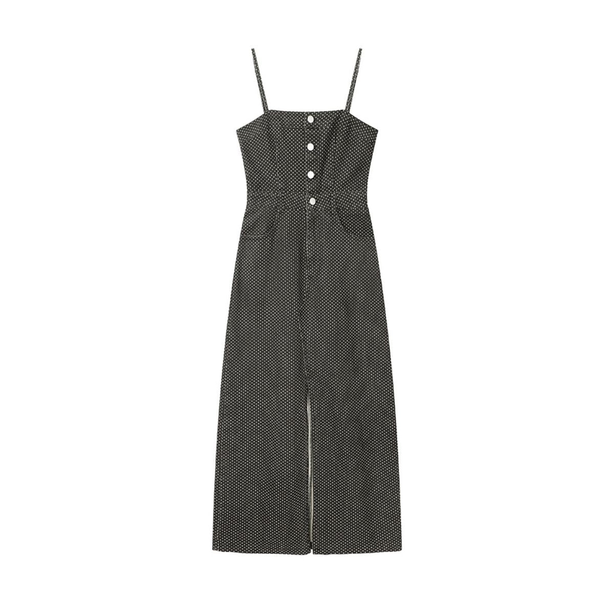 Polka Dot Strappy Denim Midi Dress