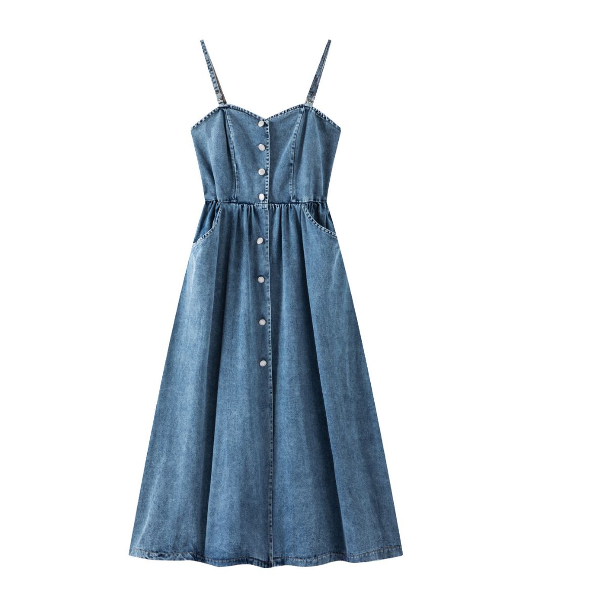 Button-Front Smocked Denim Midi Dress