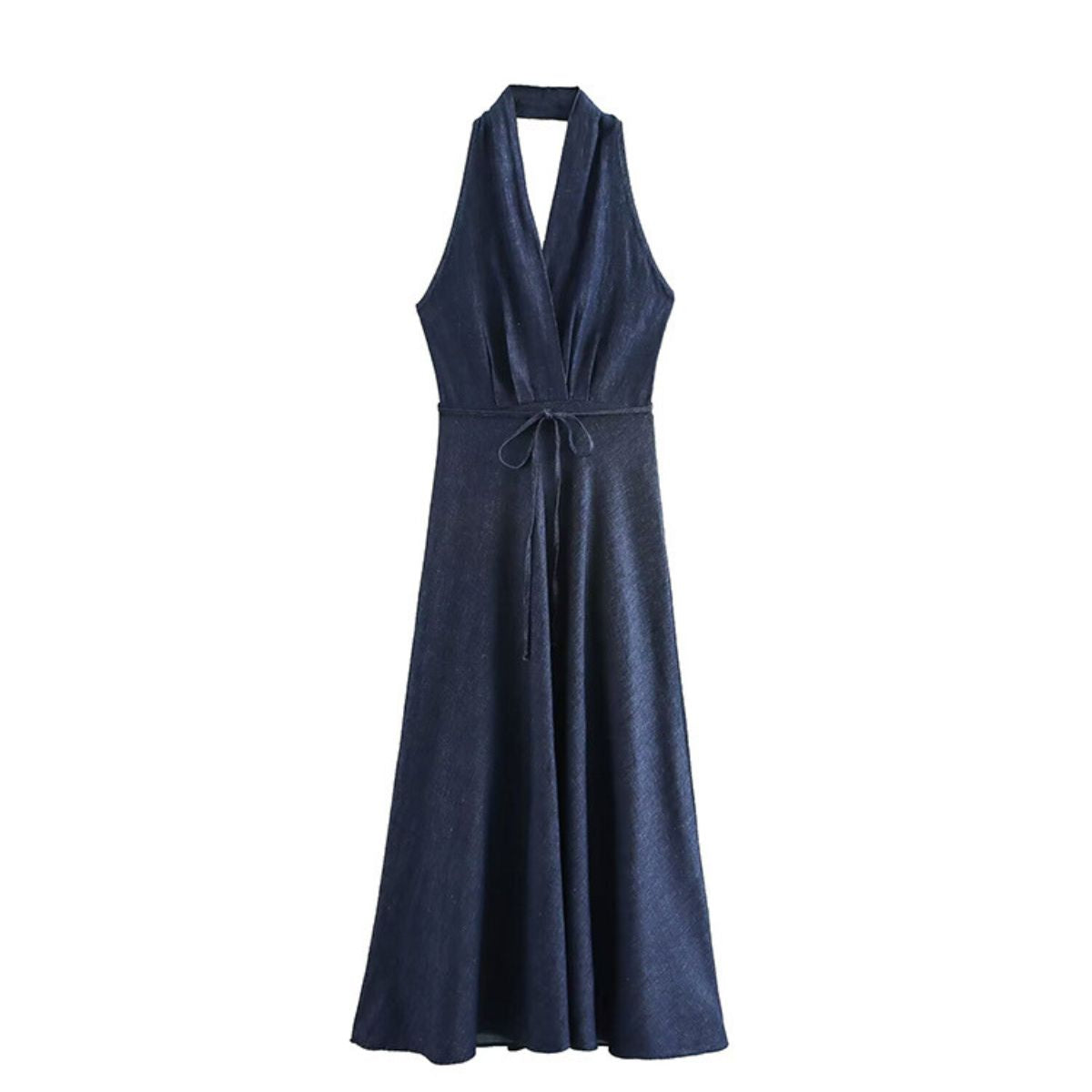 Tie Waist Halter Neck Flared Denim Mididress