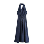 Tie Waist Halter Neck Flared Denim Mididress