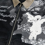 Retro Lace Patchwork Angel Pattern Casual Denim Jacket