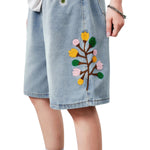 Floral Embroidery Washed Denim Shorts
