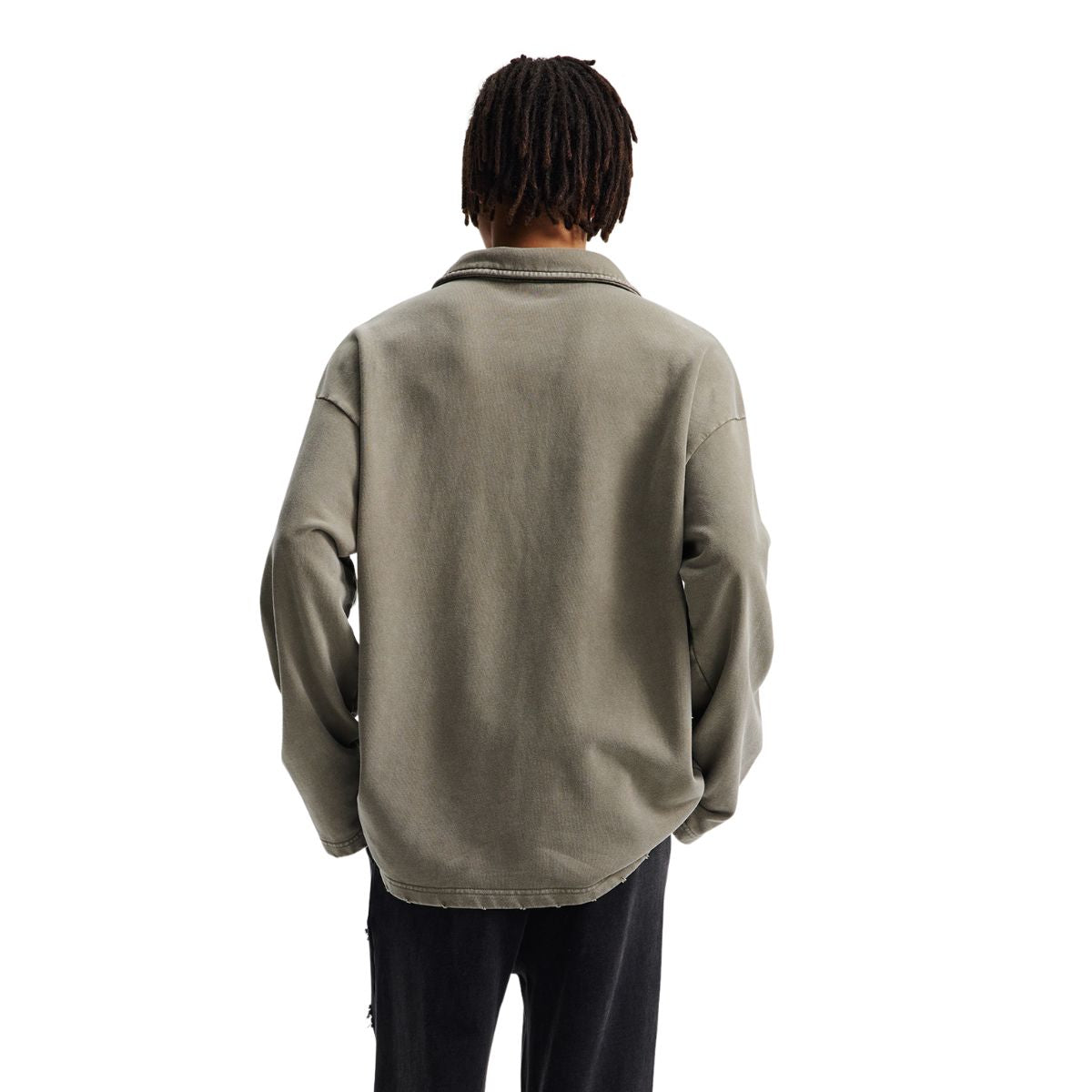 Distressed Edge Buttonless Long-Sleeve Polo