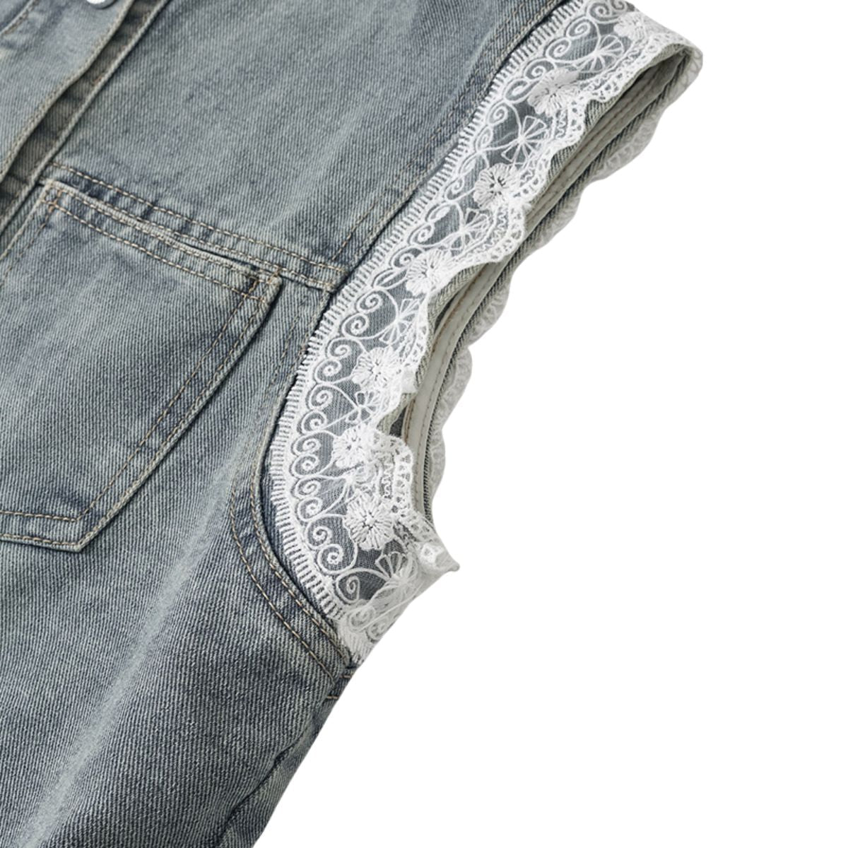 Vintage Wash Lace Trim Denim Vest
