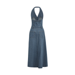 Button Front Halter Neck Denim Midi Dress