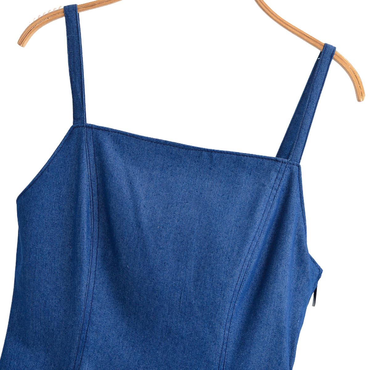 Classic Blue Denim Spaghetti Strap Flared Dress